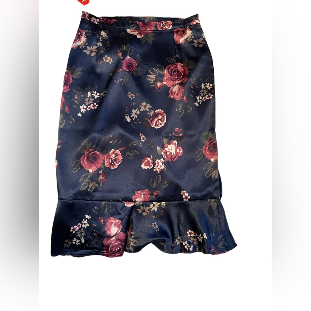 NWT midnight blue and pink floral pattern asymmetrical skirt with ruffled edges